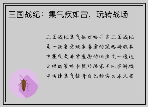 三国战纪：集气疾如雷，玩转战场